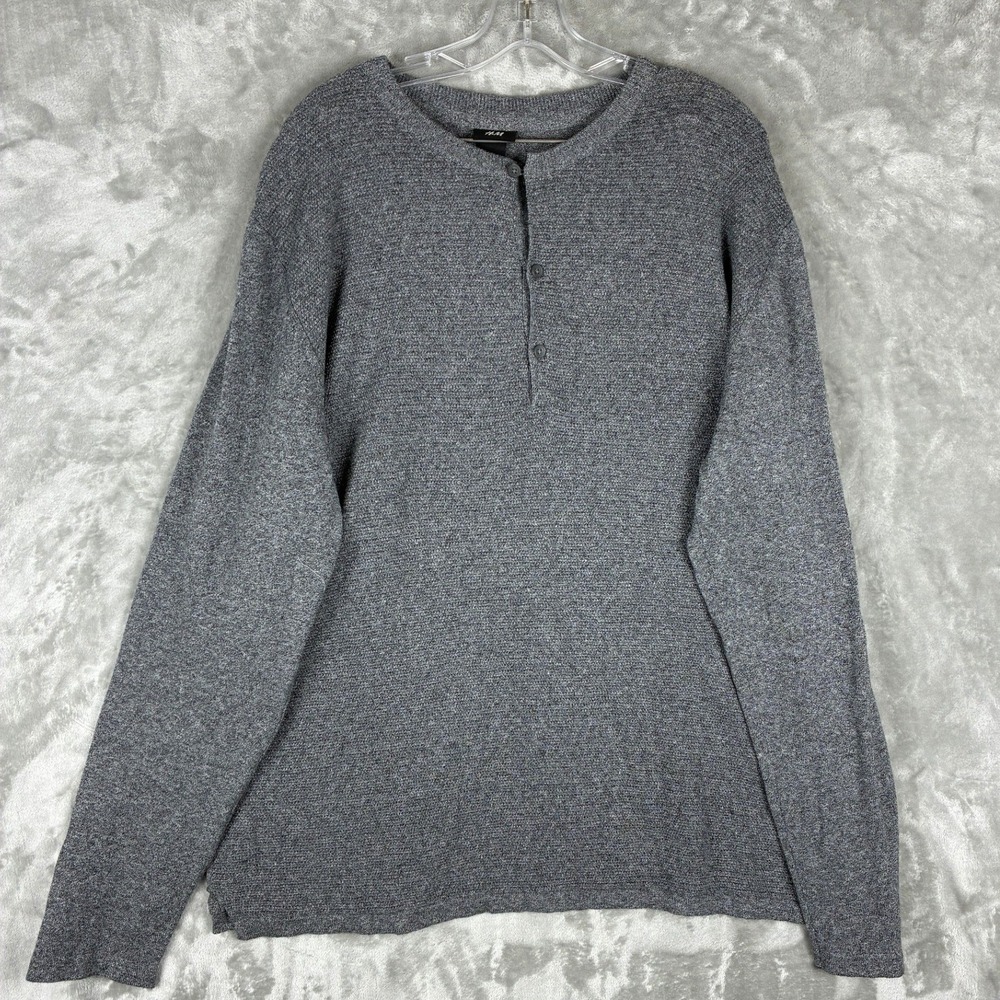 HM‎ Mens Henley Sweater XL Gray Textured Cotton Long Sleeve Button Shirt Marl